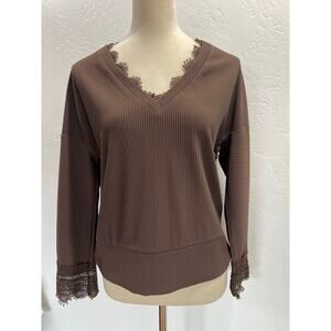 Trendy Queen Brown Ribbed Long Sleeve Top Lace Trim V-Neck Women’s Small